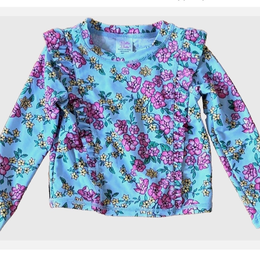 RuffleButts Girls 2T Floral Ruffle Rash Guard Swim Top UPF 50+ Long Sleeve